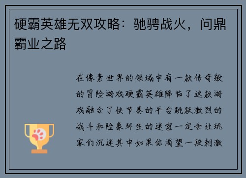 硬霸英雄无双攻略：驰骋战火，问鼎霸业之路